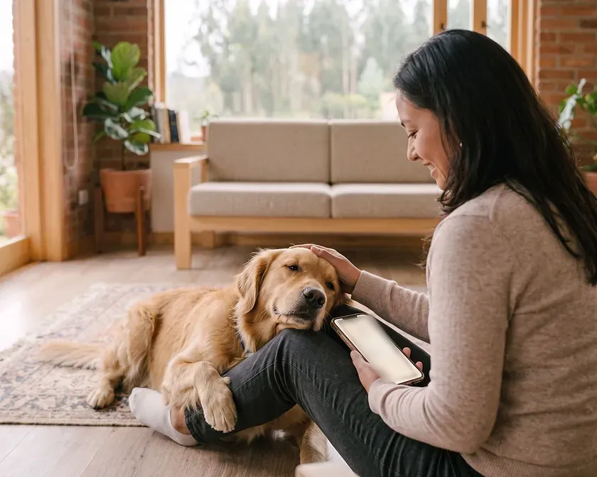 Una mujer sentada en el piso acaricia a su golden retriever mientras revisa la ficha de la visita en el celular.